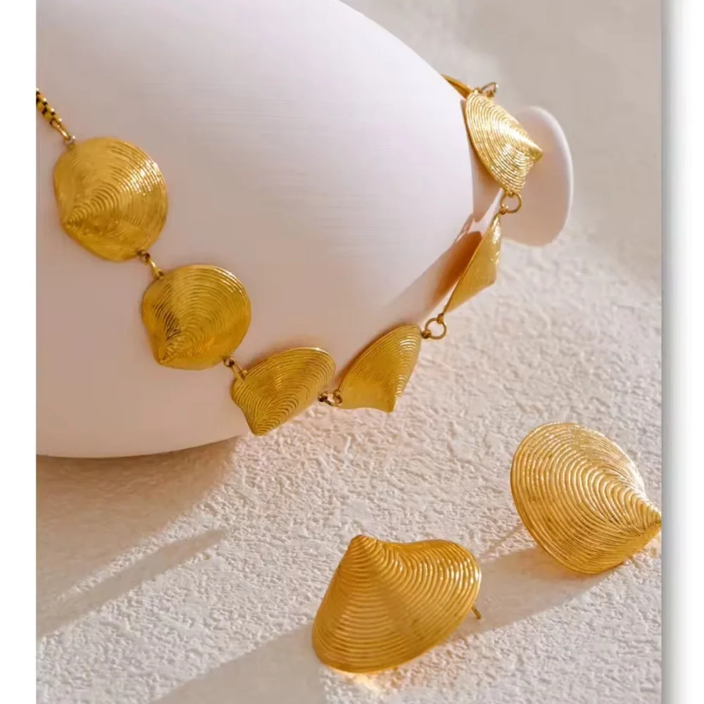 Gold Textured Bead Statement Necklace & Earring Set – Stainless Steel - Picture 7 of 17